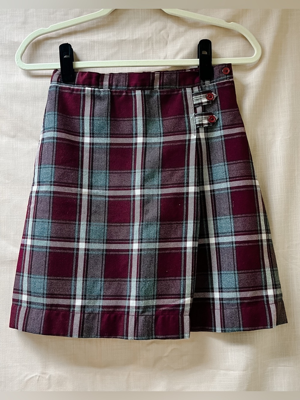 Lands End Burgundy/Gray Plaid Side Button Uniform Skirt